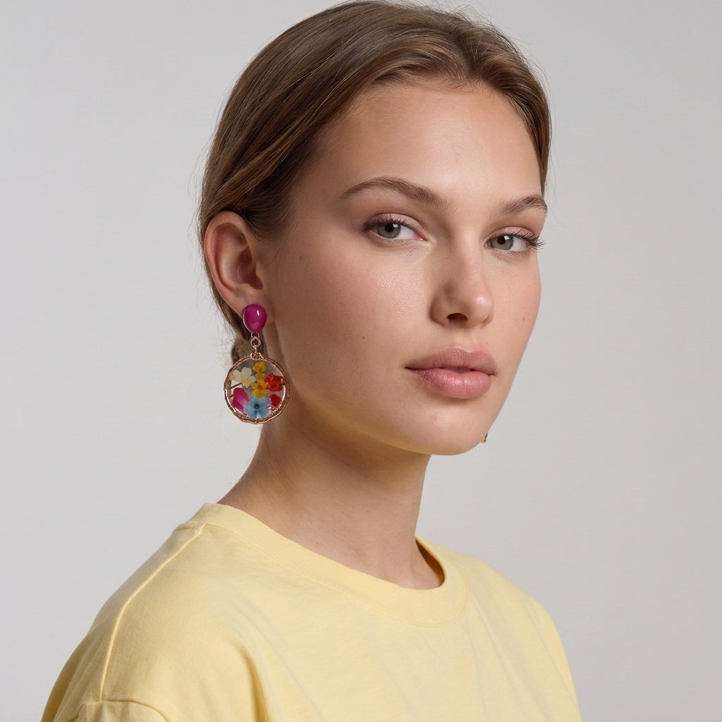Image of Woman wearing clip on mix floral earrings with daisy and aster flower earring