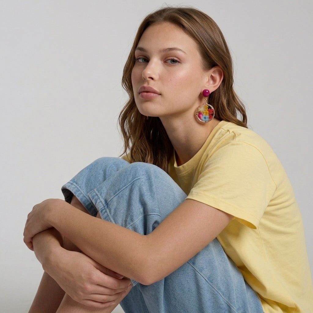 Image of A woman wearing botanical pressed floral clip on earrings with gold accents