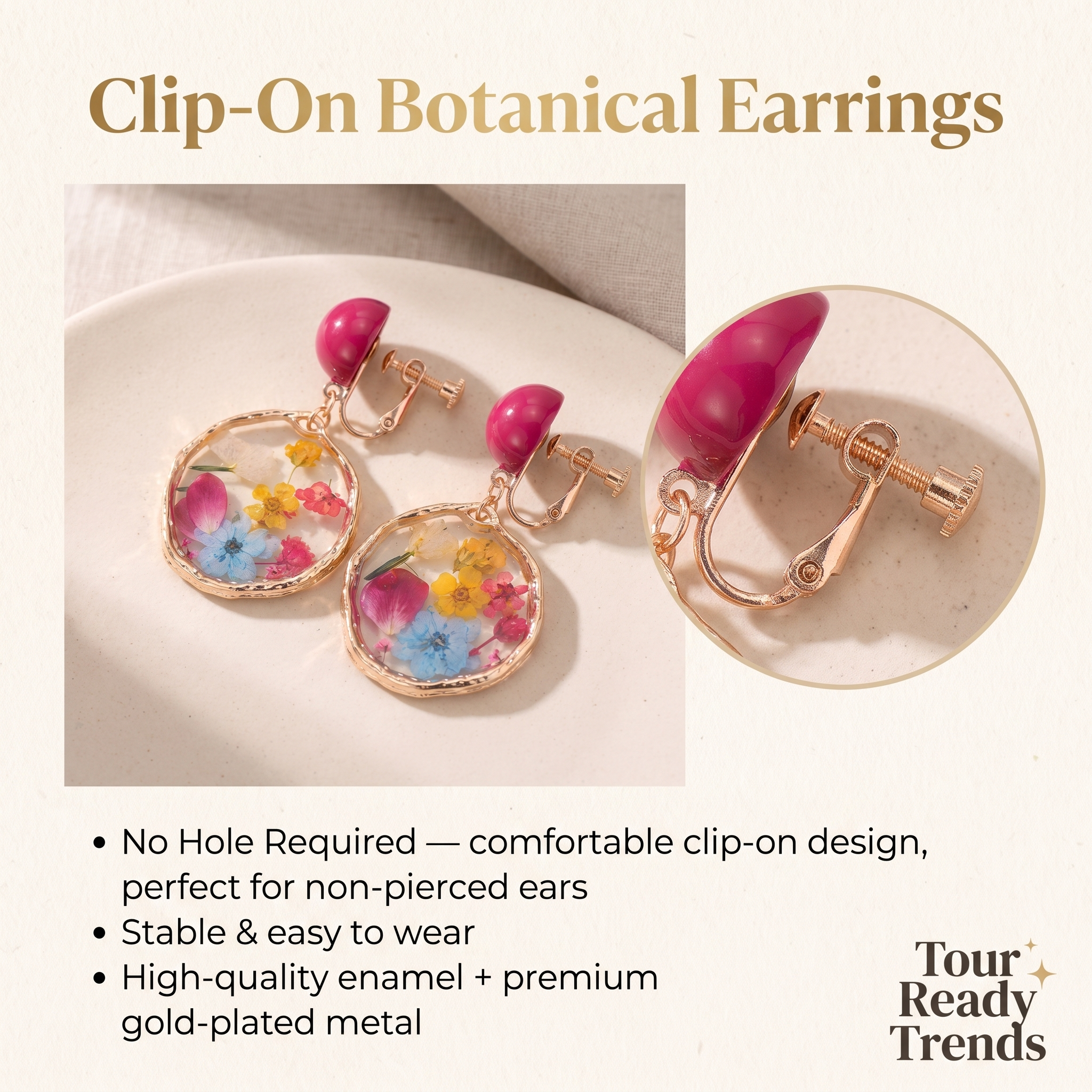 Image of Clip-on botanical earrings with round clear resin pendants filled with pressed flowers, attached to bright pink posts and rose gold clasps, shown on a light beige background with product text and a close-up inset of the clasp.