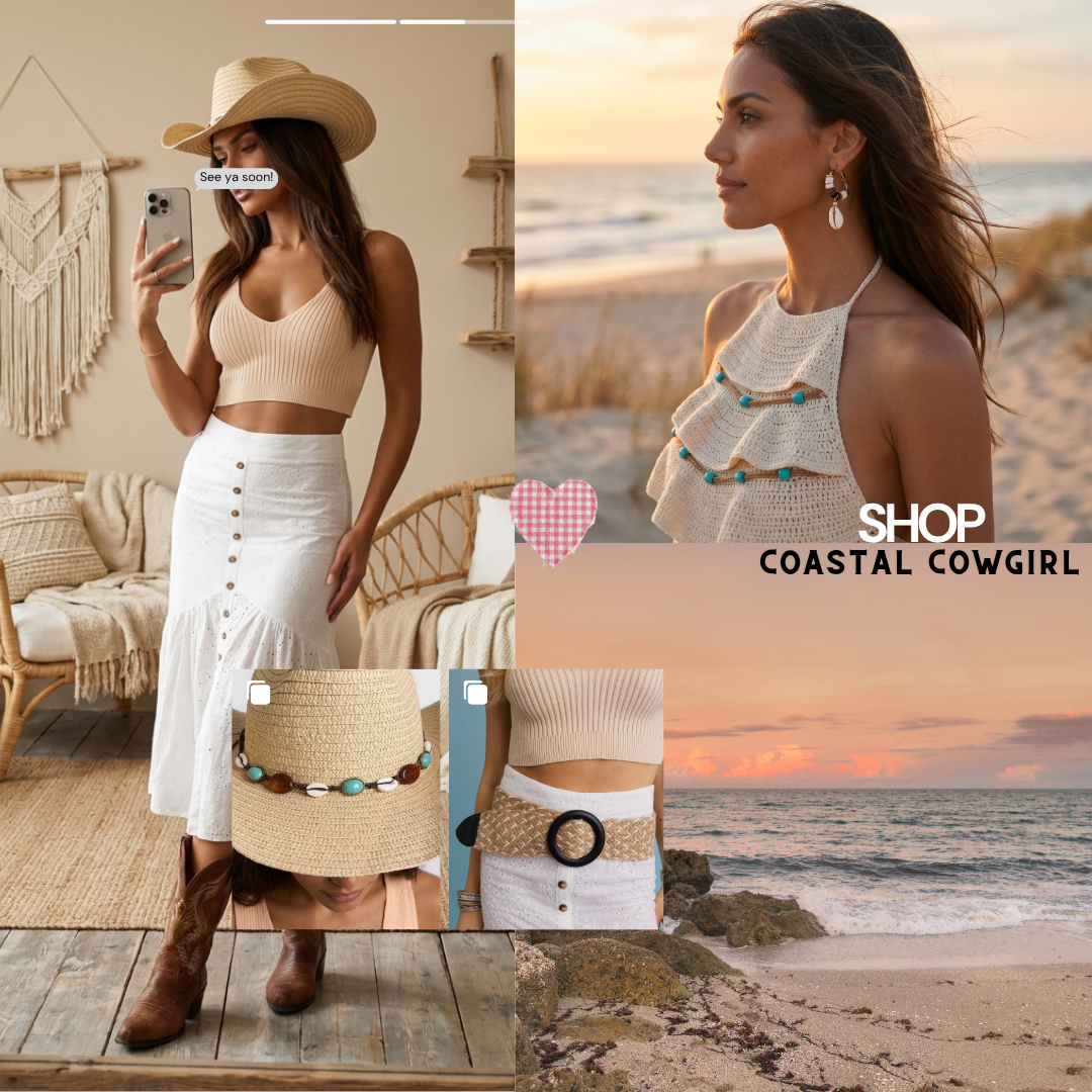 Image of Seashell earrings styled two ways — mirror selfie and beach lifestyle photo, part of the Coastal Cowgirl collection