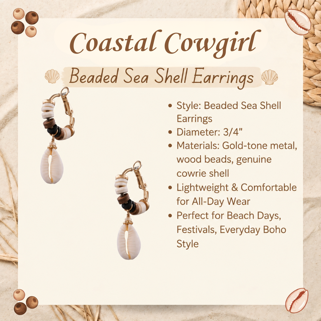 Image of Coastal Cowgirl Beaded Sea Shell Earrings product details — gold-tone metal, wood beads, genuine cowrie shell, 3/4 inch diameter