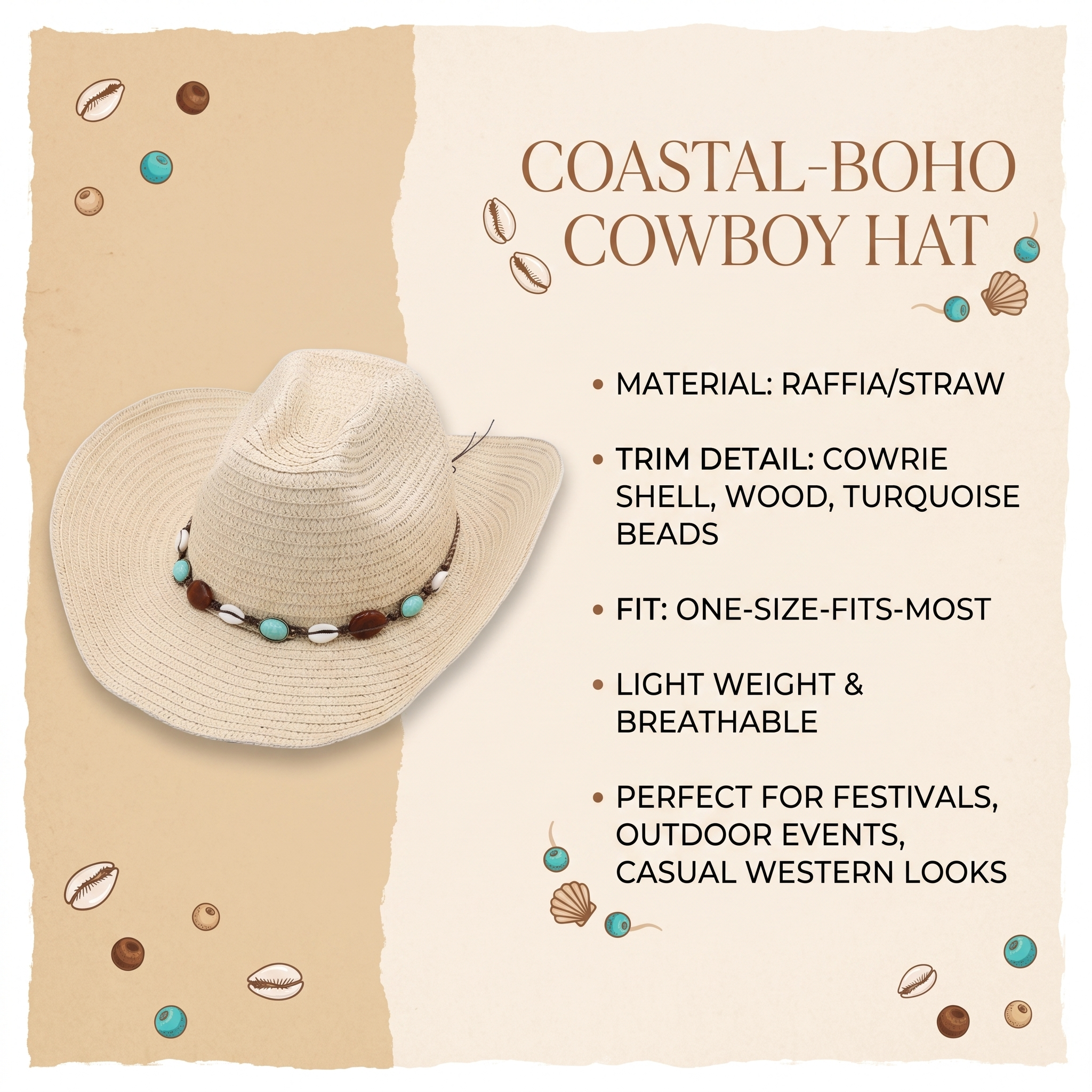 Image of Coastal cowgirl hat product details — raffia straw with cowrie shell, wood, and turquoise bead trim, one-size-fits-most