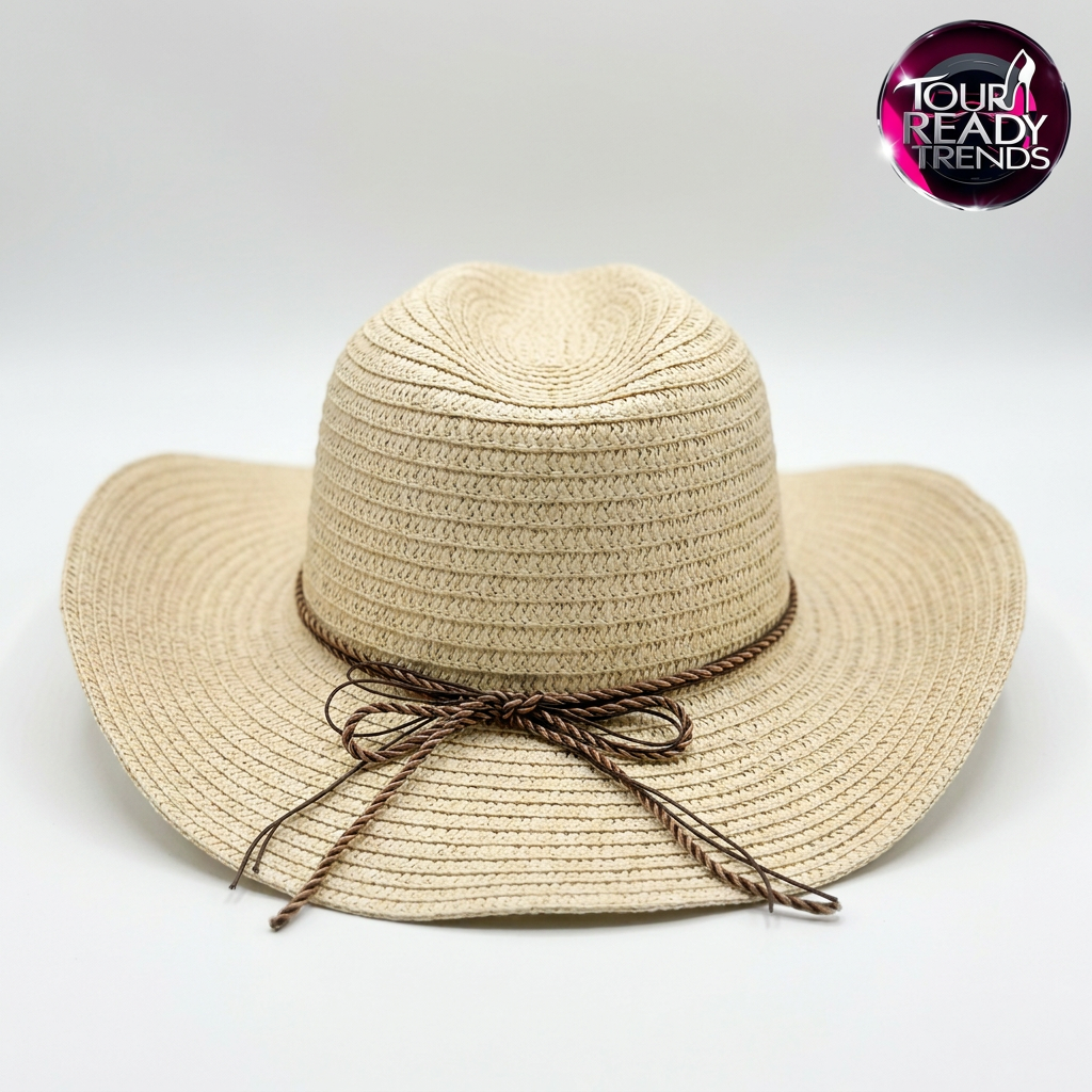 Image of Back view flat lay of a coastal cowgirl straw hat showing the tie cord and shell trim detail