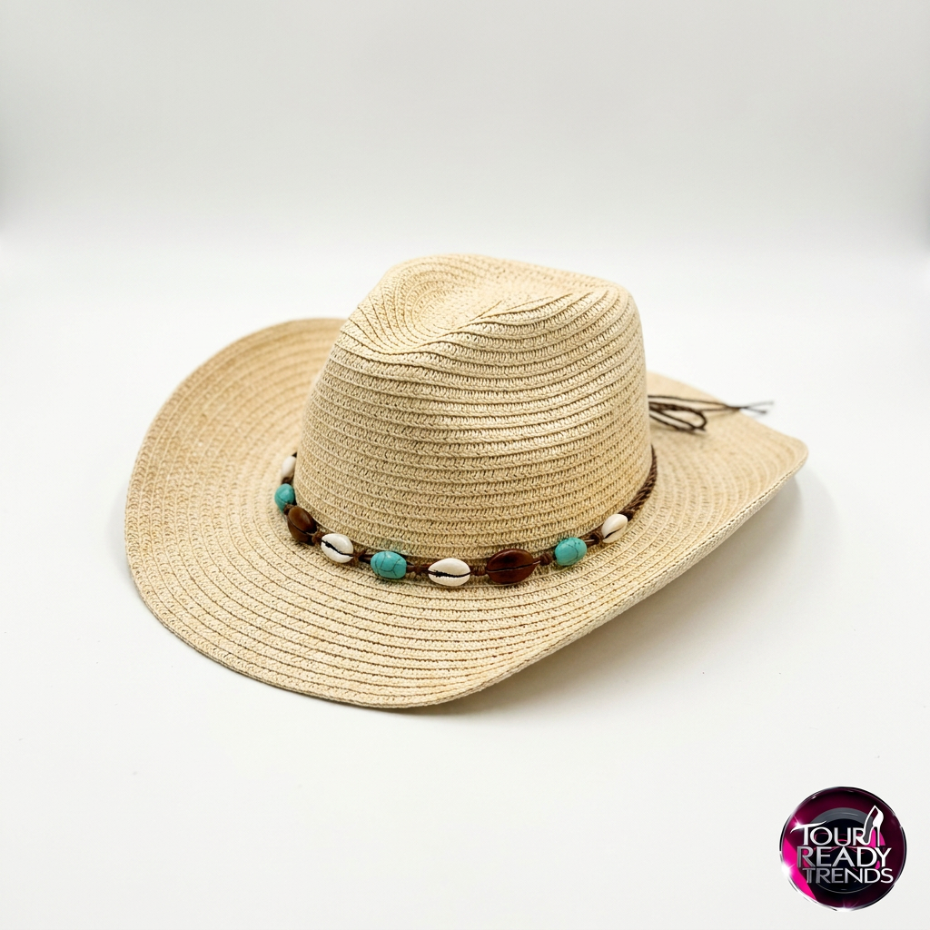 Image of Coastal cowgirl hat flat lay — raffia straw with turquoise, wood, and cowrie shell trim band