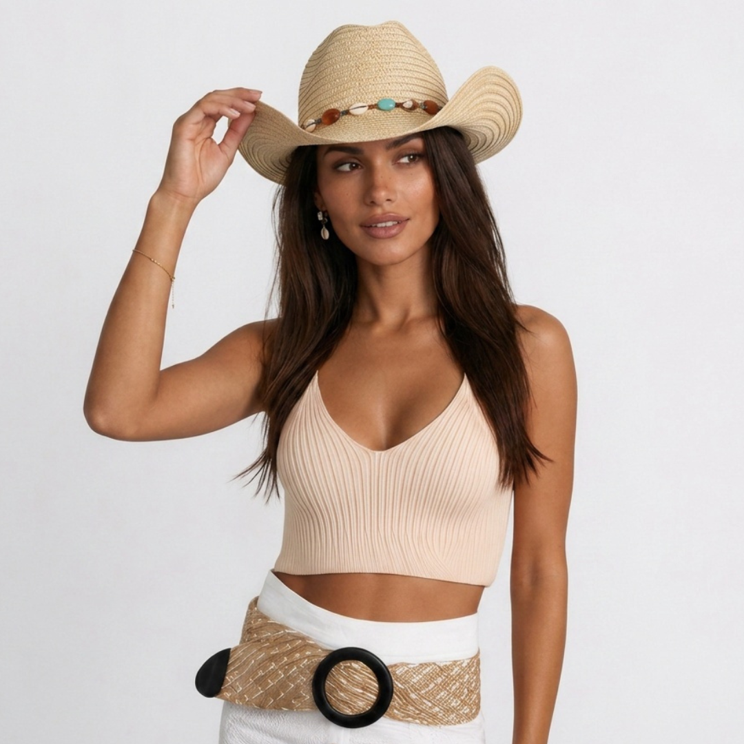 Image of Close-up of a woman adjusting her straw hat, wearing a boho belt with a wood ring buckle over a white eyelet skirt