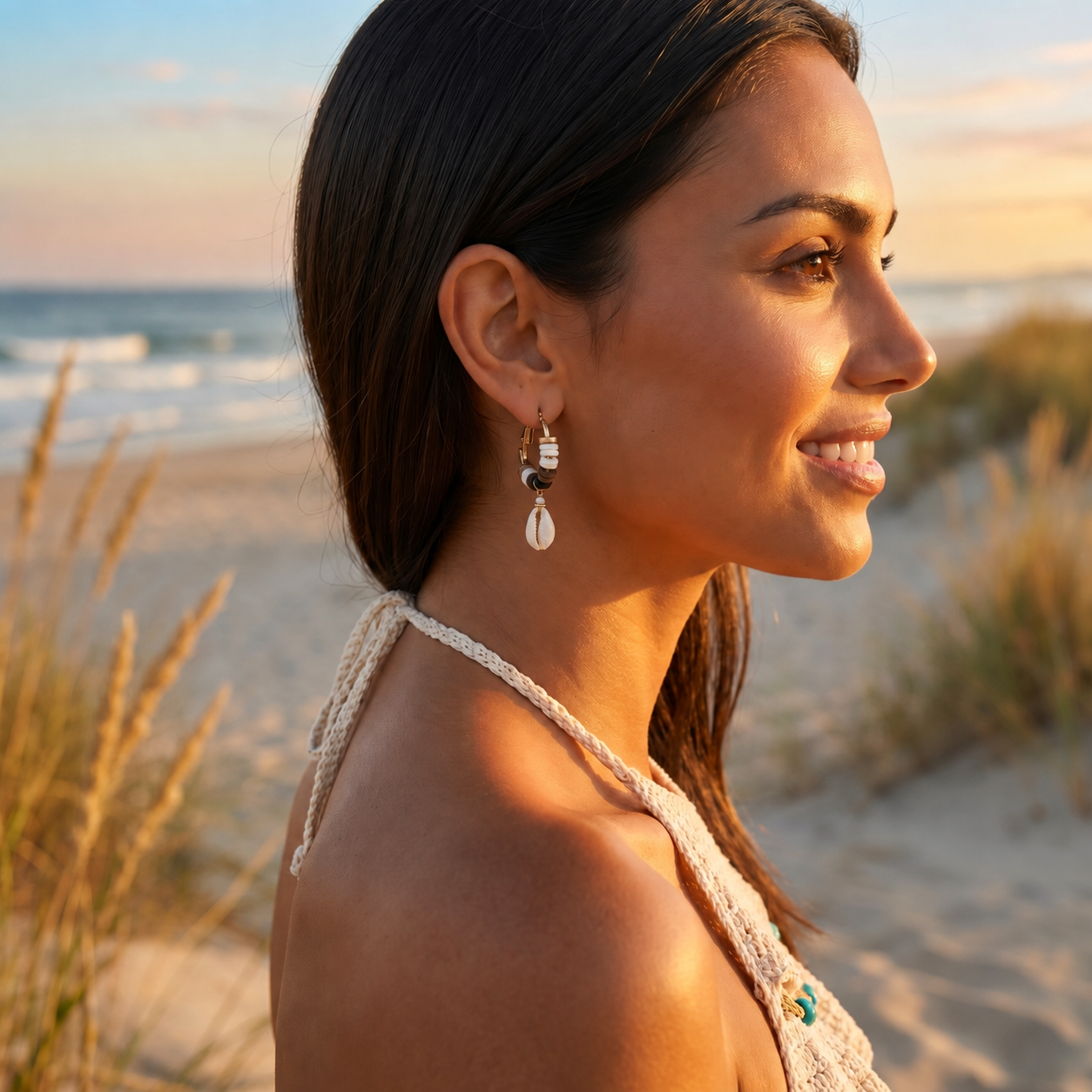 Image of Close-up side profile of a woman wearing seashell earrings on the beach