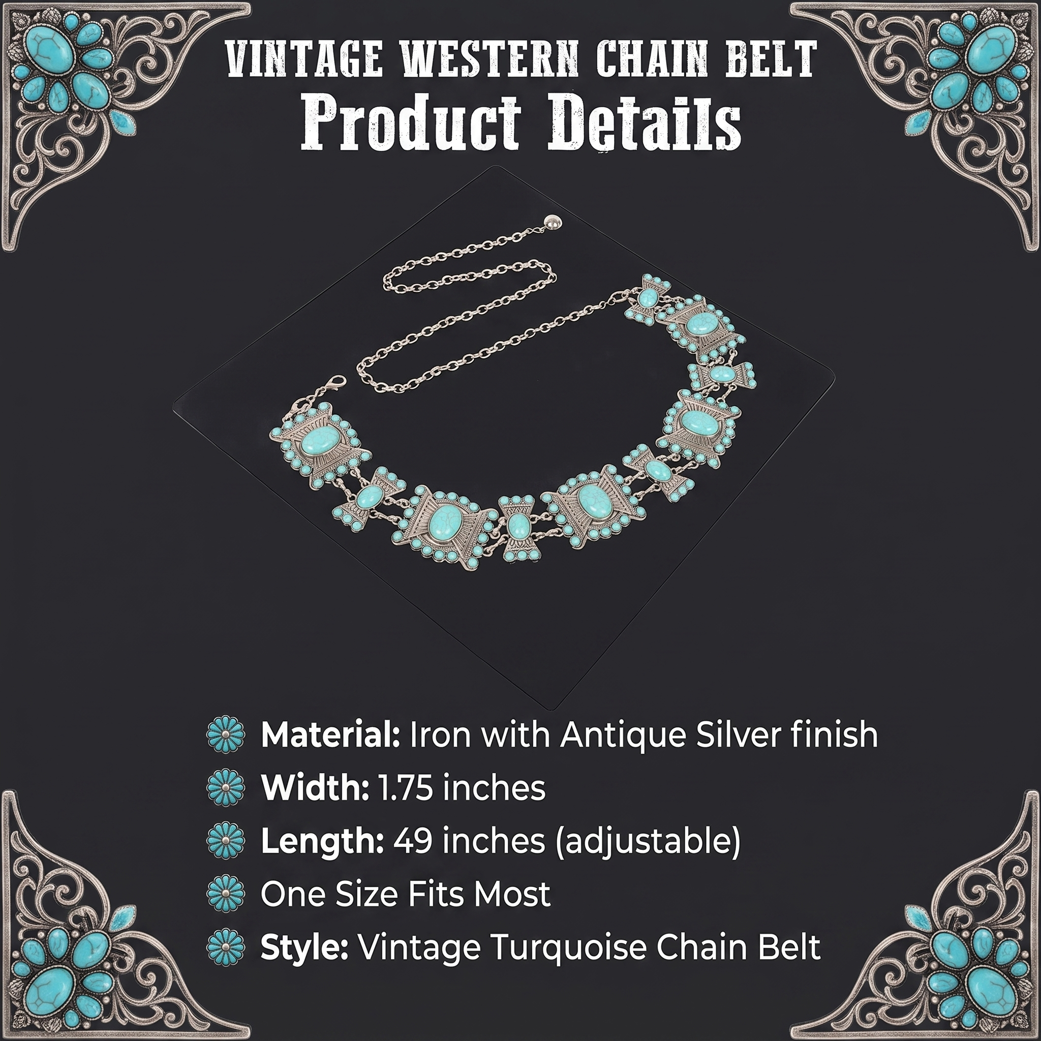 Image of Vintage Western chain belt product details graphic on a dark charcoal background, showing a turquoise and silver-toned belt with descriptive text including material, width, length, and style.