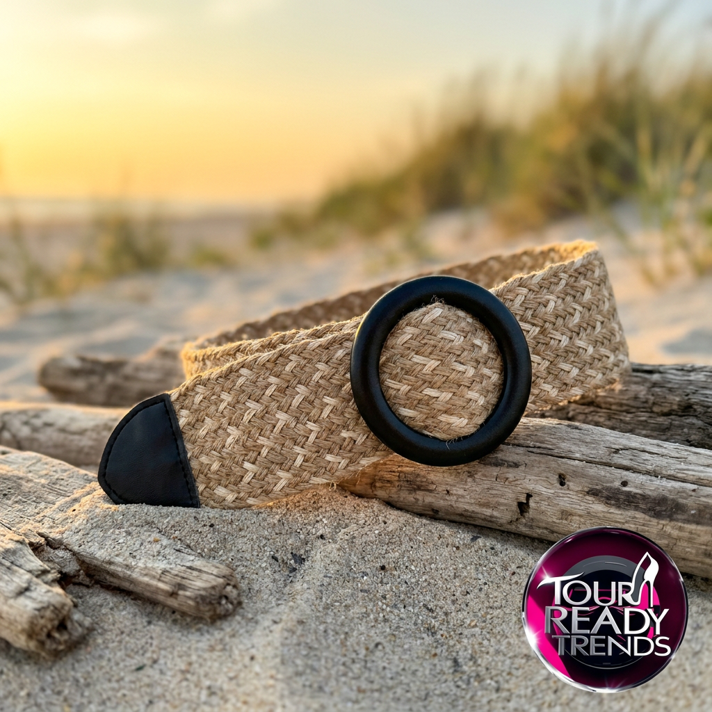 Image of Boho belt flat lay on driftwood at the beach — wide woven belt with a wood ring buckle