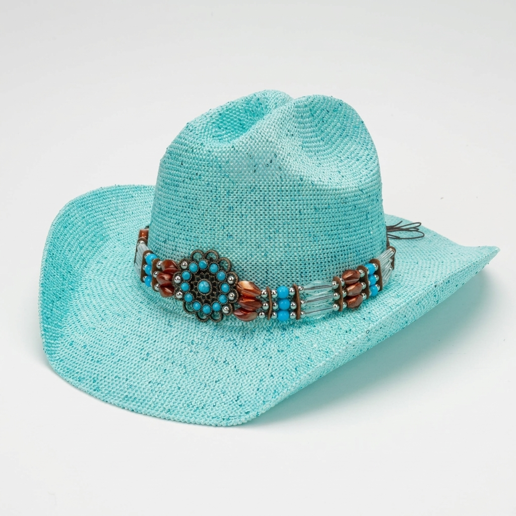 Image of A light turquoise woven straw cowboy hat with a decorative beaded band featuring turquoise, brown, and silver beads, set against a plain white background.