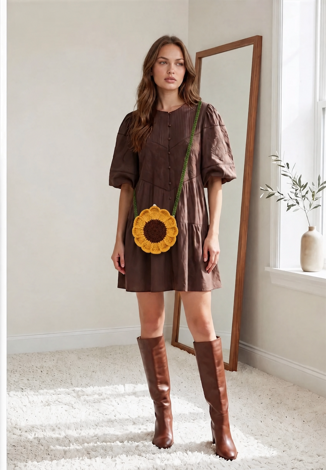 Image of A woman wearing a crocheted sunflower-shaped crossbody bag hanging from a green strap.