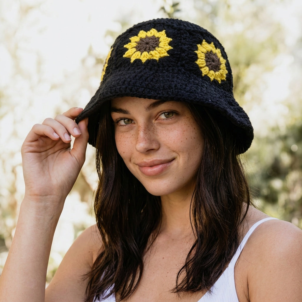 Image of A woman wearing a black crocheted bucket hat with yellow and brown sunflower designs, posing outdoors against a soft, blurred background.