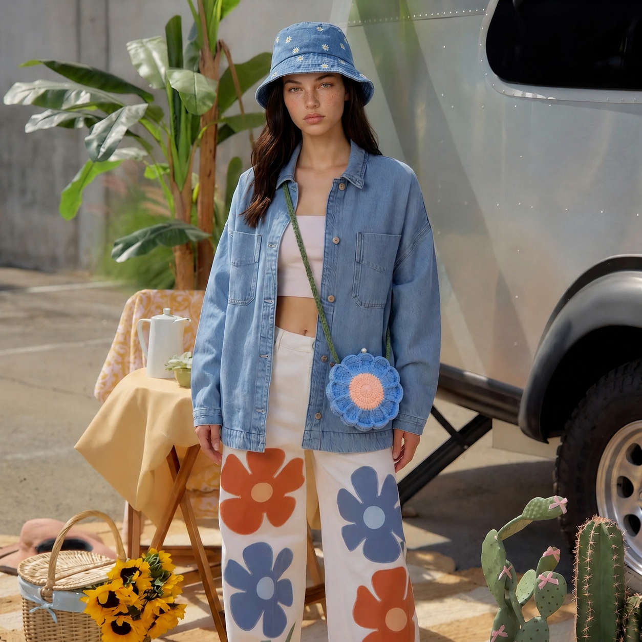 Image of A model stands outdoors in front of a white vehicle, wearing a crocheted flower-shaped crossbody bag.