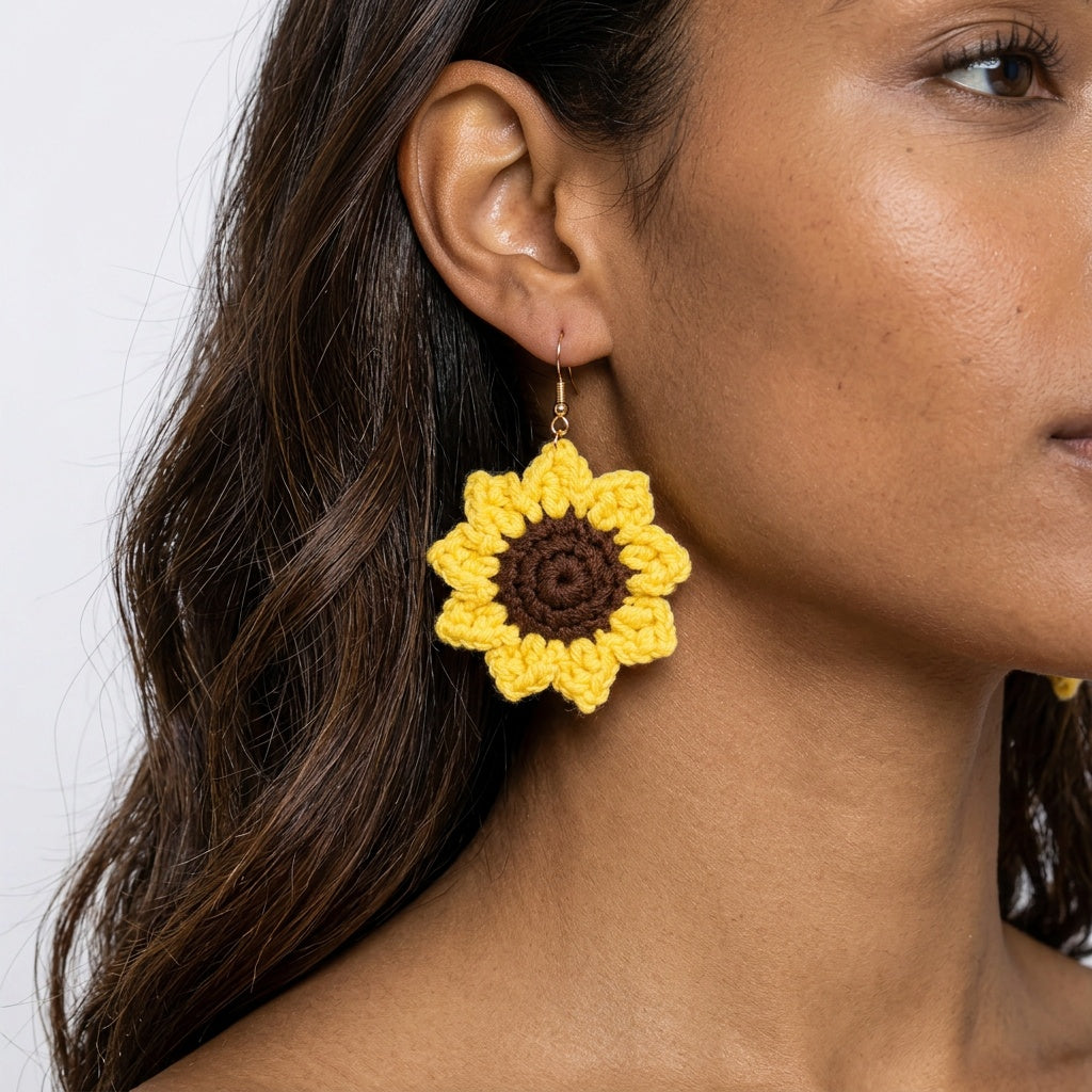 Image of A close-up of a woman wearing a yellow crocheted sunflower dangle earring with a brown center and gold hook.