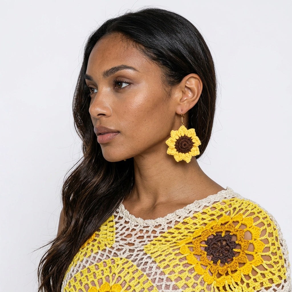 Image of A woman wearing large crocheted sunflower earrings with yellow petals and dark brown centers, paired with a yellow and cream crochet top against a plain light gray background.