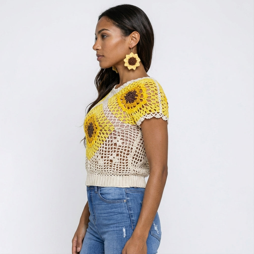 Image of A woman wearing crochet flower earrings, shown from a side profile against a light gray background.