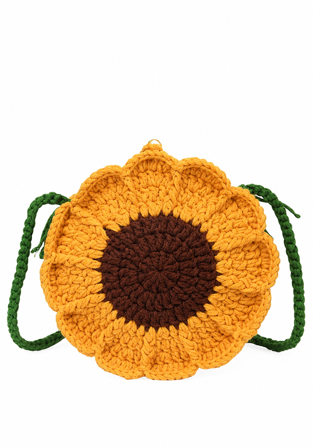 Image of A crocheted sunflower purse with yellow petals, a dark brown center, and green braided straps, shown on a plain white background.