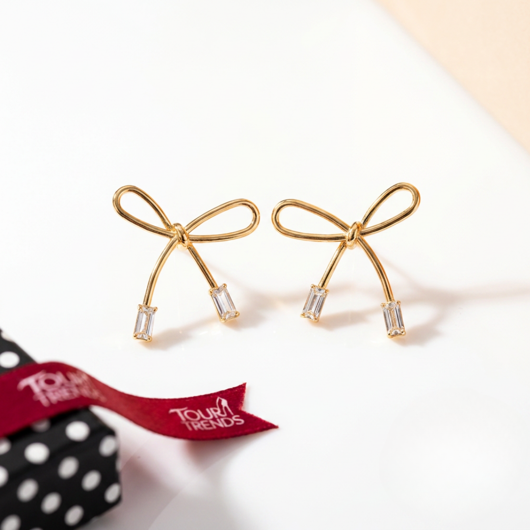 Image of Gold Wire Bow Crystal Drop Earrings