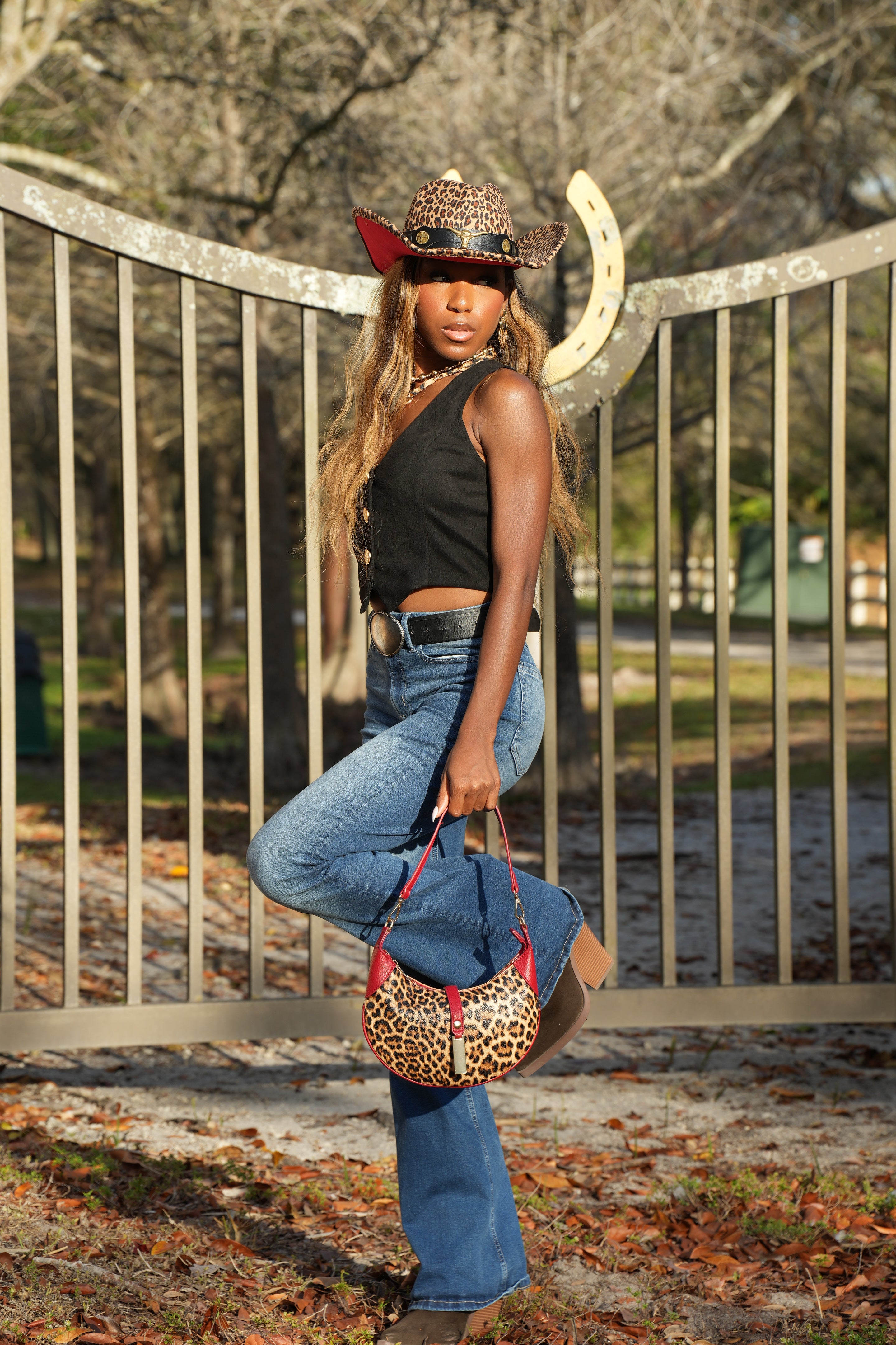Image of Leopard Crescent Bag — Red Trim Western Chic