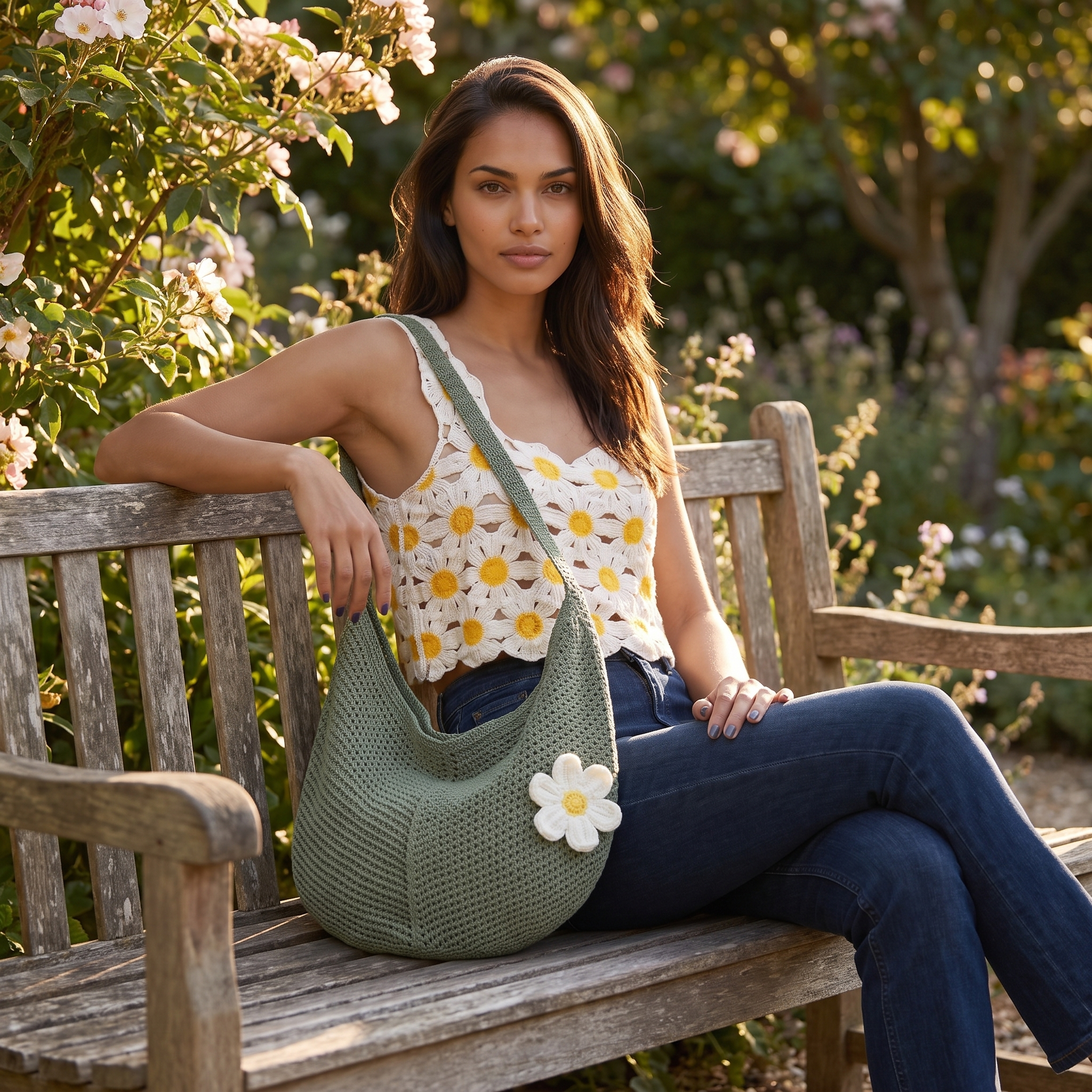 Image of Woman seated on a garden bench wearing an olive green crochet hobo bag with a daisy patch, boho style