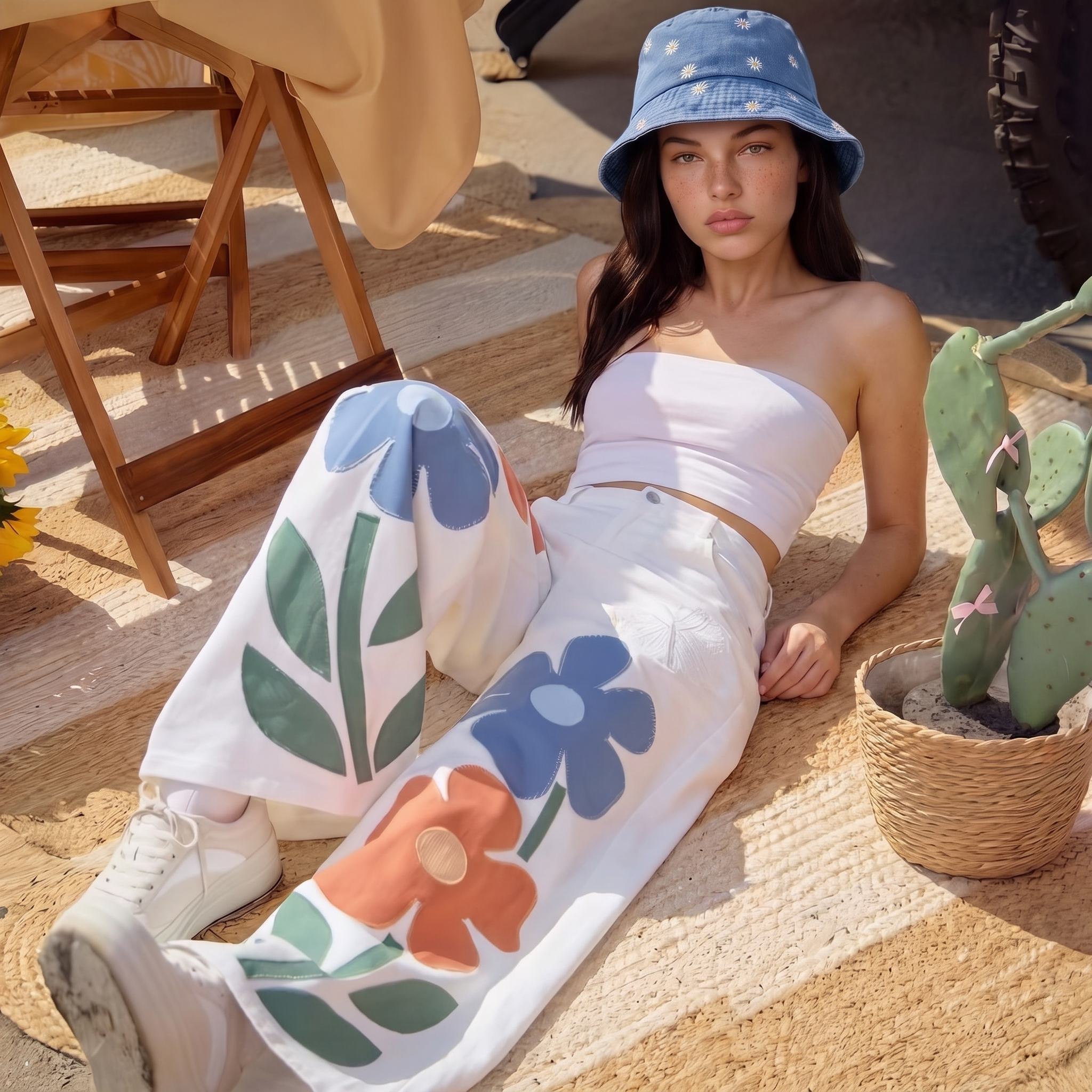 Image of A woman reclines outdoors in a festival setting wearing a light blue bucket hat with daisy flowers