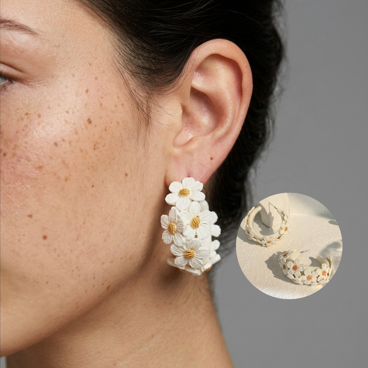 Image of Close-up of Ivory White embroidered daisy hoop earring detail, partial face and ear shot, studio background