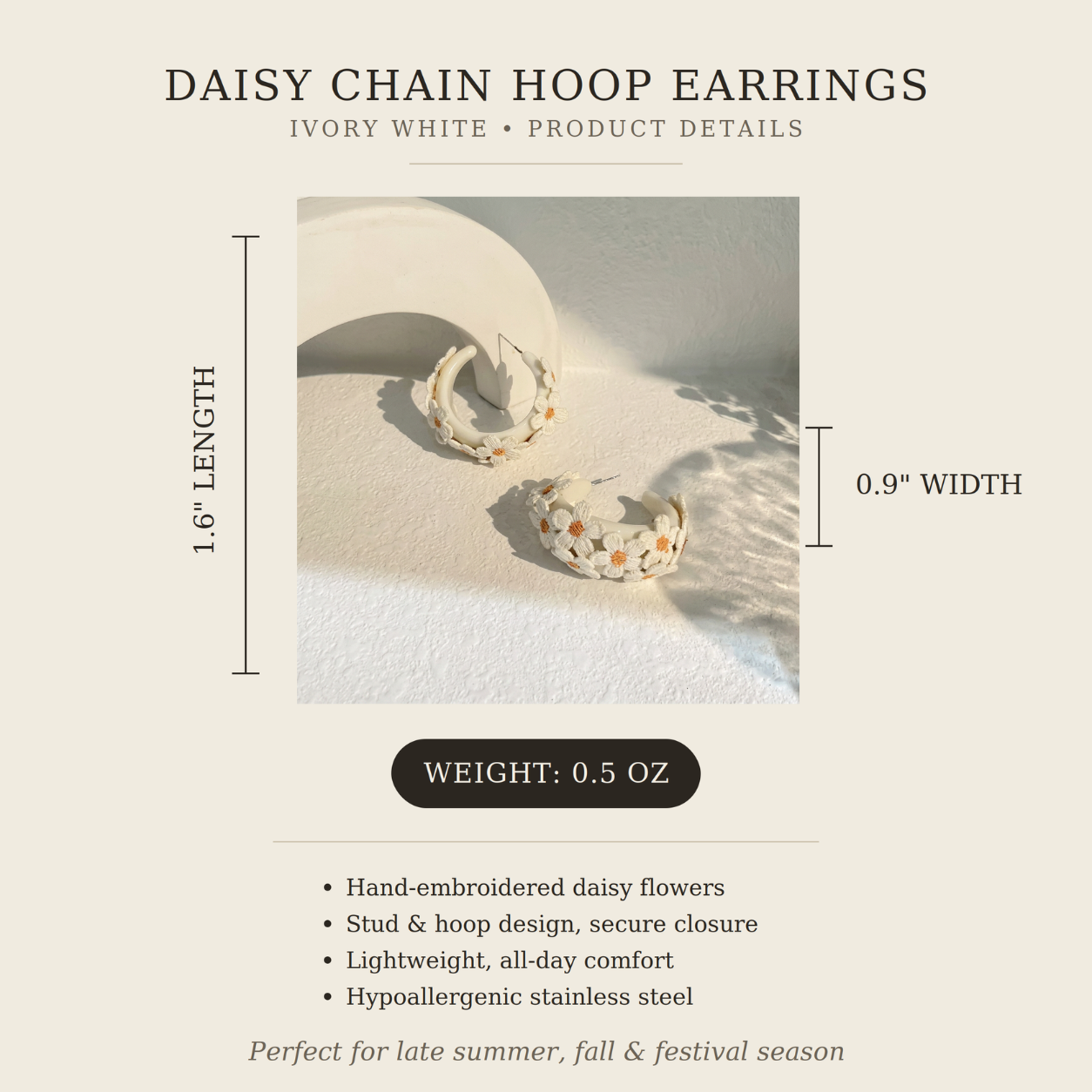 Image of Embroidered Daisy Hoop Earrings product details — Ivory White featured, embroidered daisy florals on a lightweight stainless steel post, 0.9