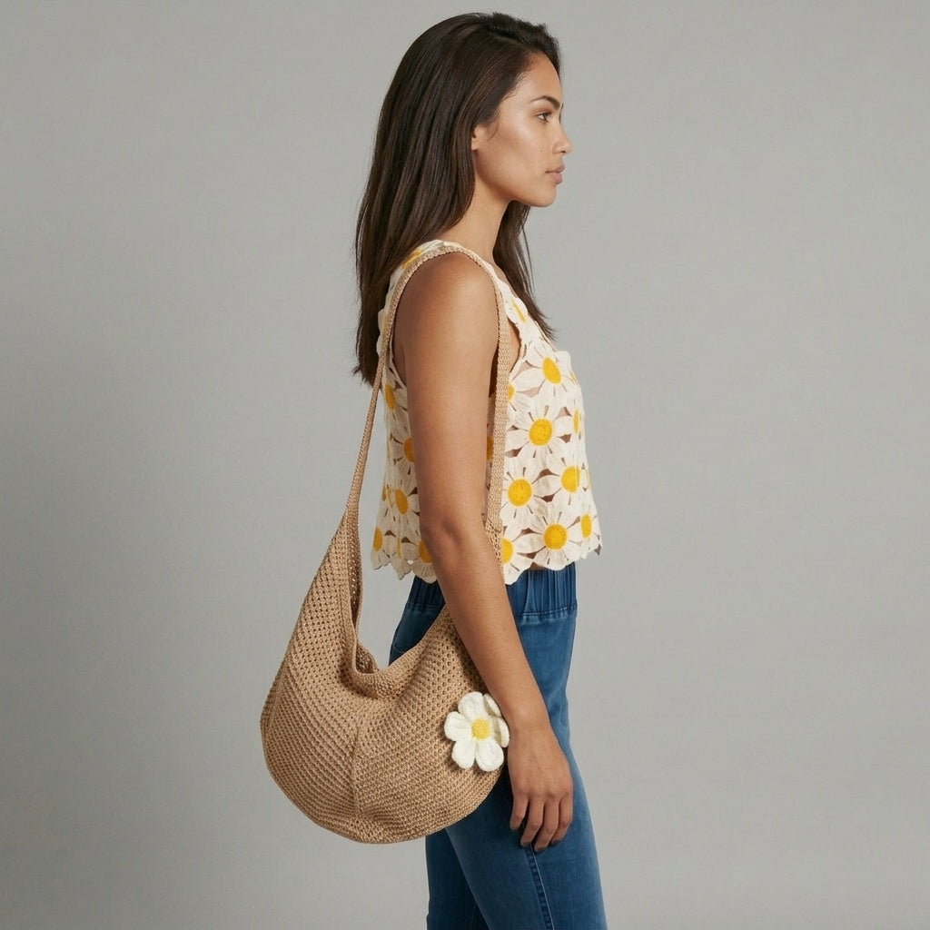 Image of Side view of a camel boho crochet bag with a knitted daisy patch, wide seamless shoulder strap