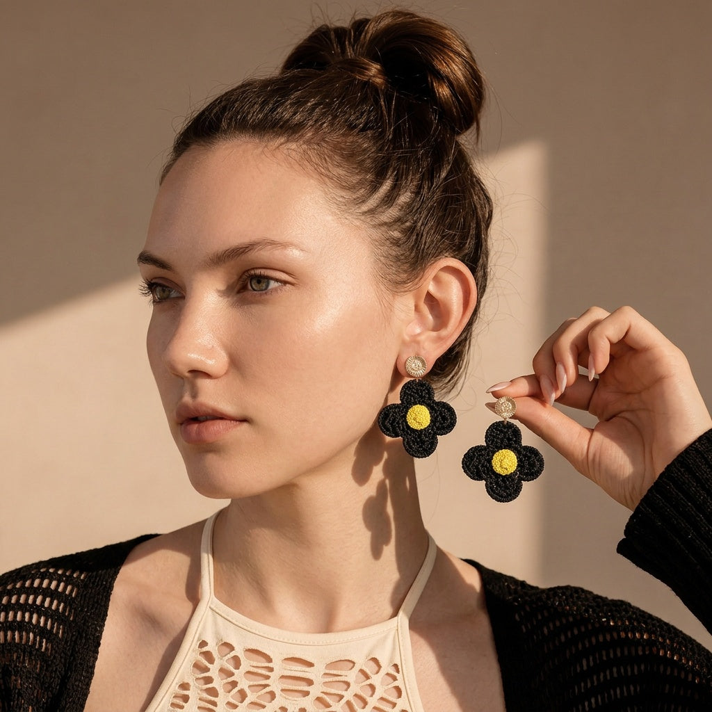 Image of A woman wearing black Boho Crochet Sunflower Earrings