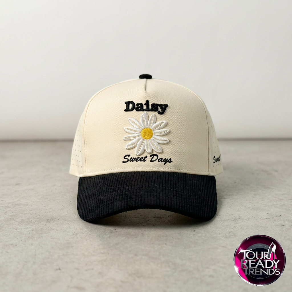 Image of Retro trucker hat close-up on a neutral background — daisy patch and 