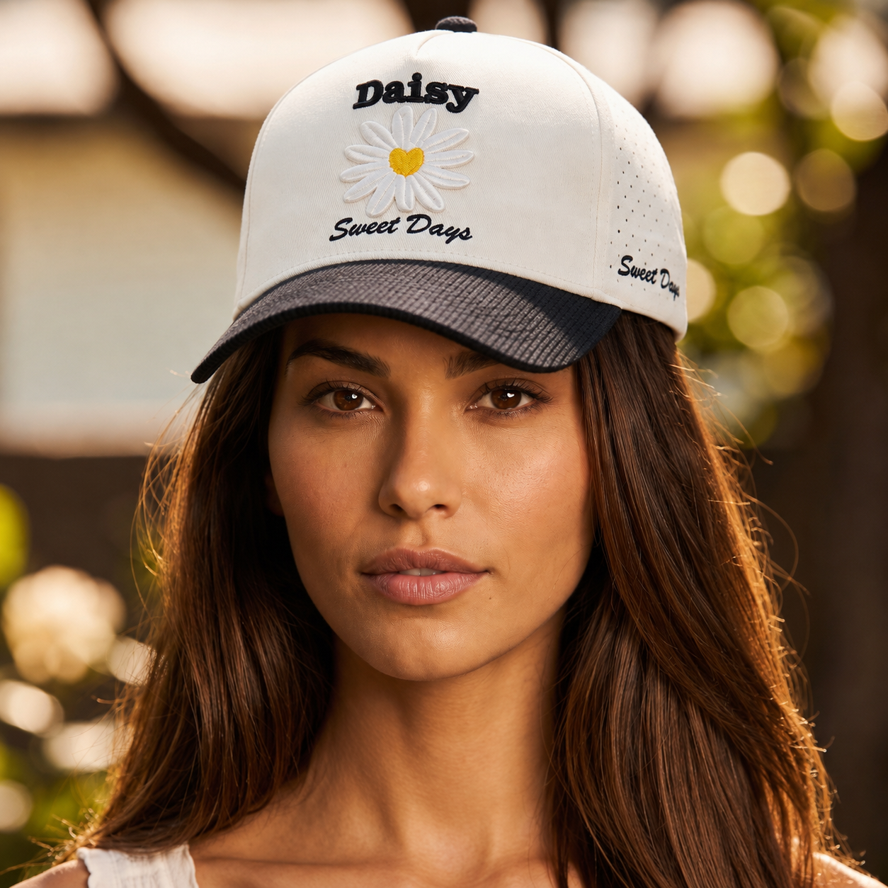 Image of Close-up of a retro trucker hat with a daisy patch and 