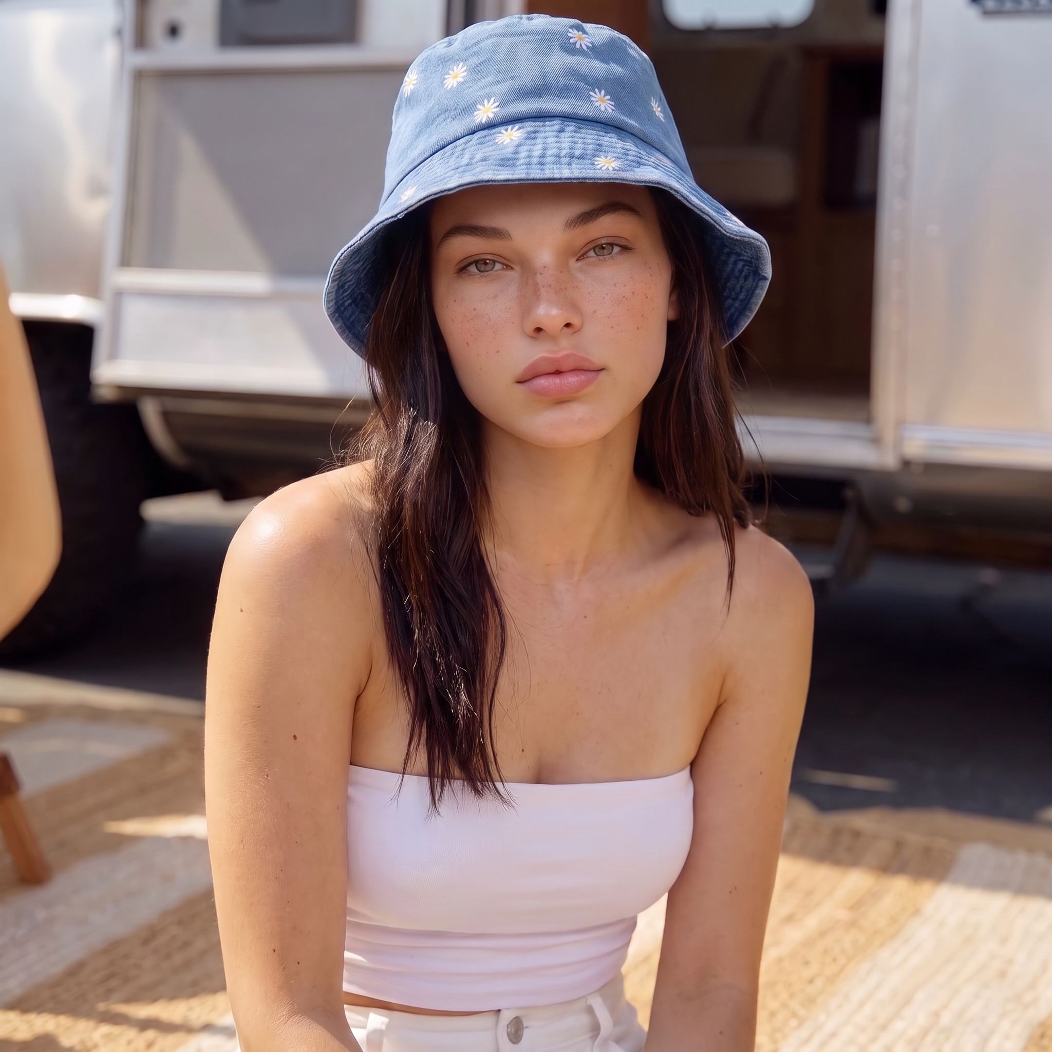 Image of A woman wearing a light blue denim bucket hat with white embroidered sun motifs, paired with a pale pink strapless top, sitting outdoors in front of a silver trailer.