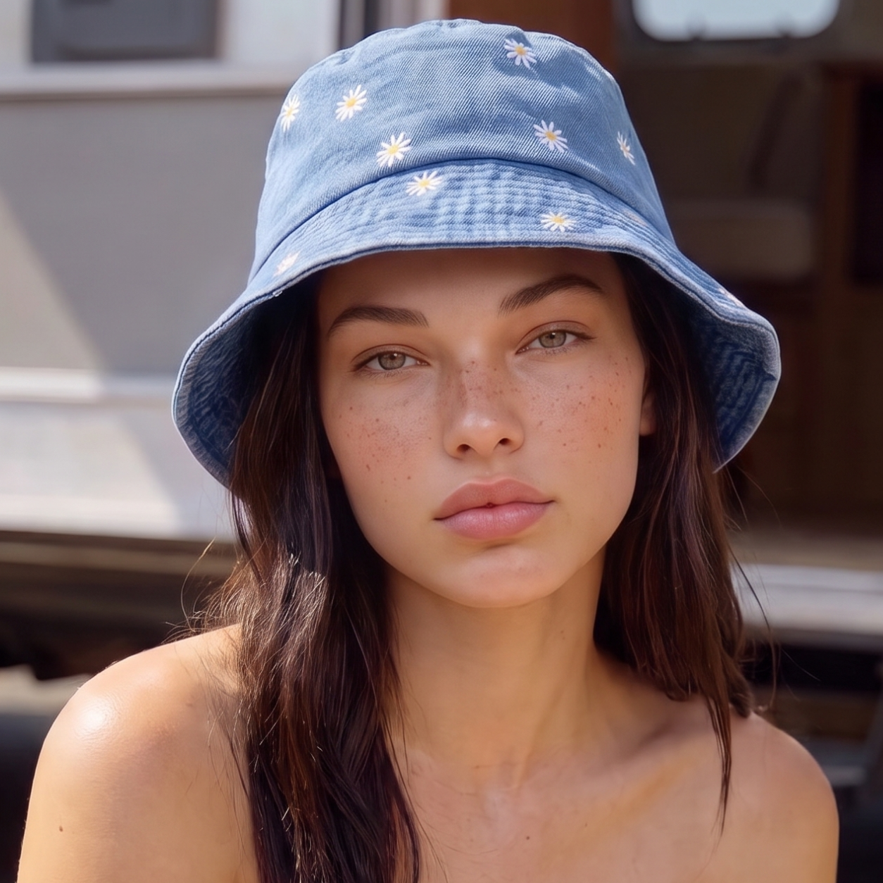 Image of A woman wearing a light blue denim bucket hat decorated with small white daisy flowers, photographed in a warm, sunlit setting.