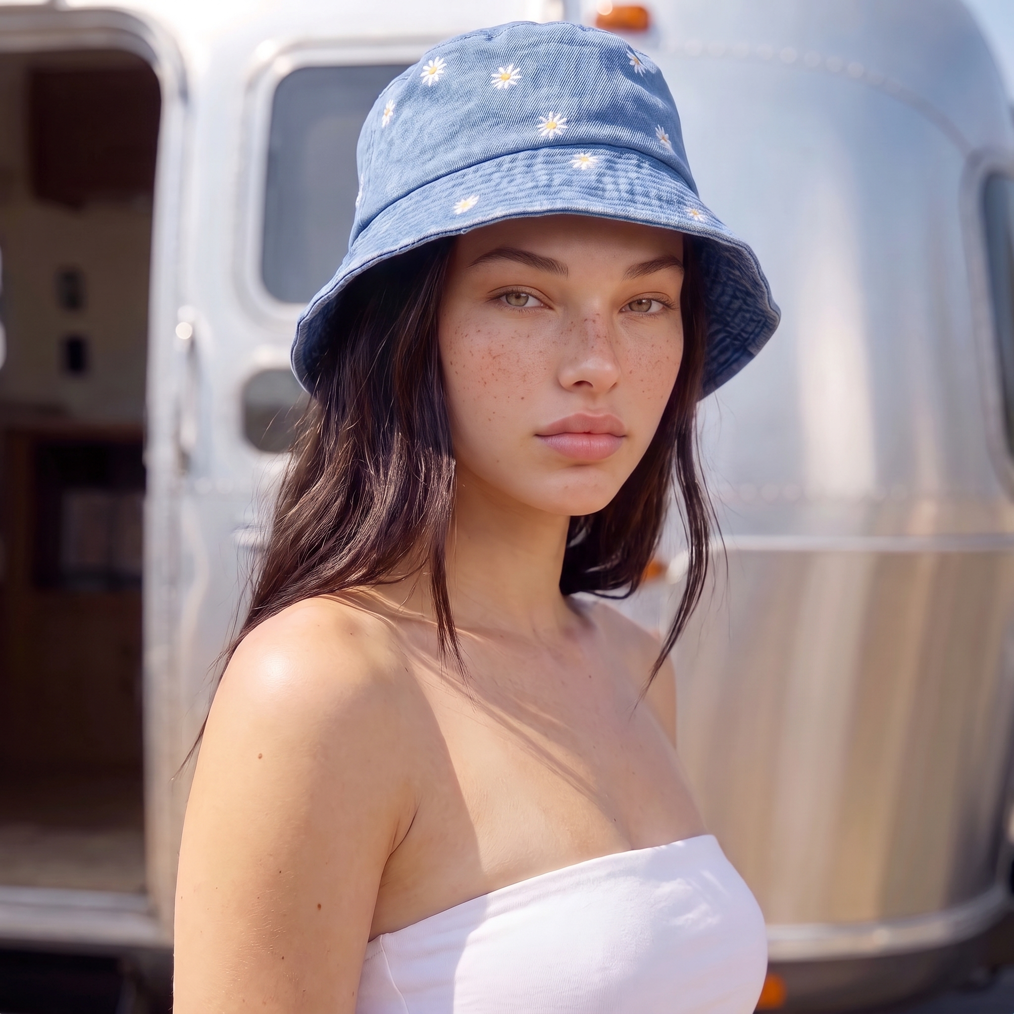 Image of A woman wearing a light blue denim bucket hat with white embroidered daisy flowers, standing in front of a blurred silver Airstream trailer.