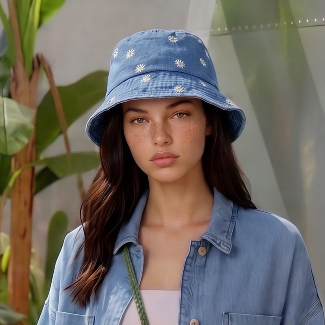 Image of A woman wearing a blue denim bucket hat with small white daisy embroidery, paired with a matching blue denim shirt jacket, set against a soft-focus background of green plants and a gray wall.