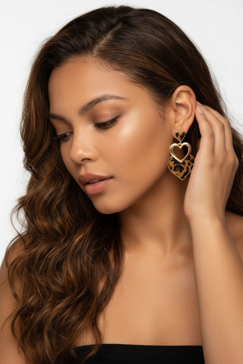 Image of Leopard Print Triple Heart Dangle Earrings