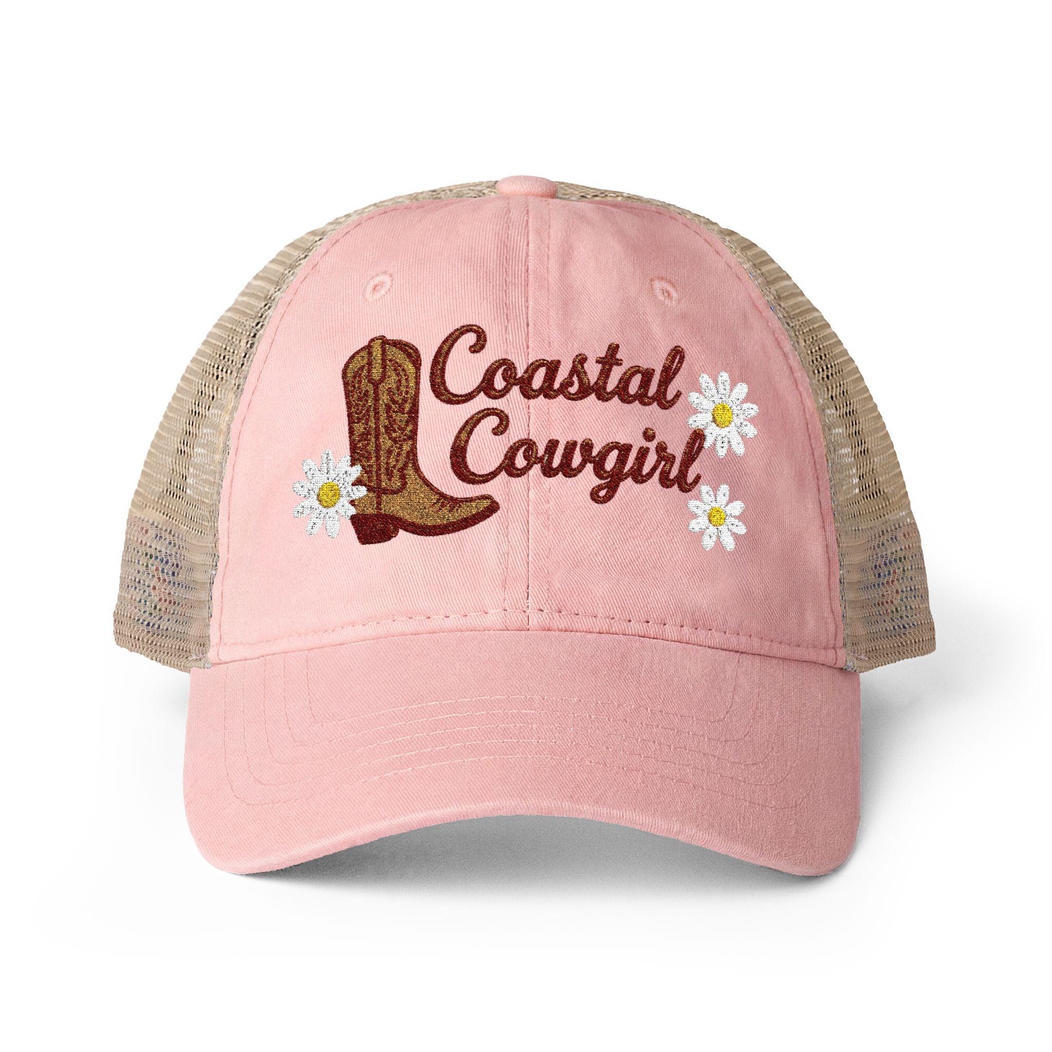 Image of Pink coastal cowgirl trucker hat with daisy and cowboy boot embroidery
