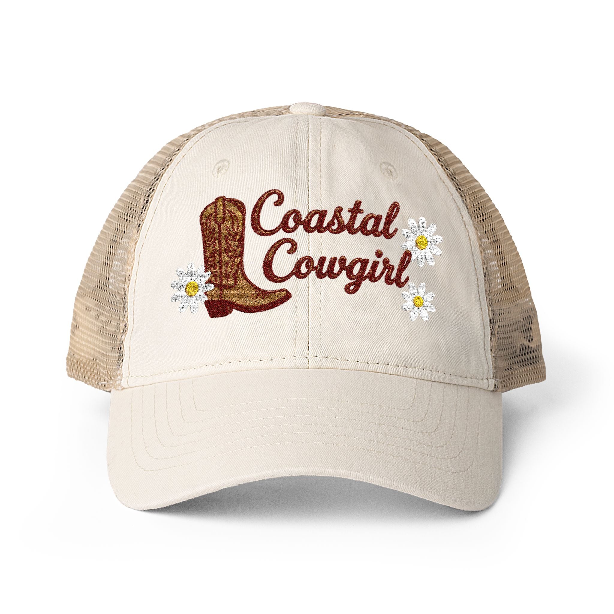 Image of Vanilla two-tone country trucker hat with Coastal Cowgirl embroidery, front view