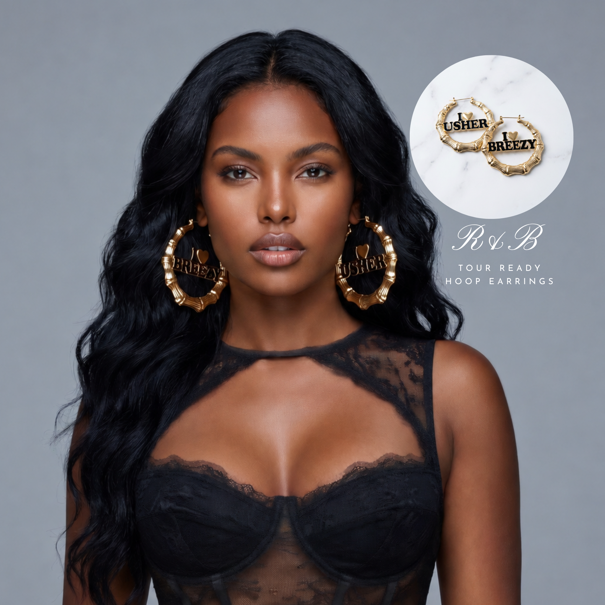 Image of A woman with long black wavy hair models large gold hoop earrings with black and gold 'Usher & Breezy' lettering. A circular inset shows a close-up of the earrings, and text