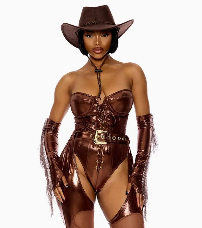 3-Piece Sexy Cowgirl Costume - Metallic Bronze