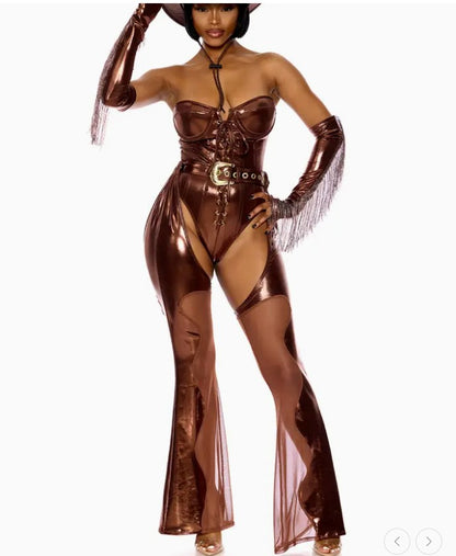 3-Piece Sexy Cowgirl Costume - Metallic Bronze