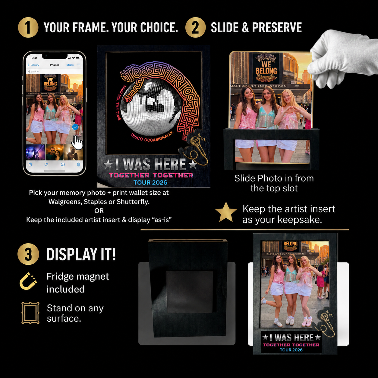 Image of A promotional infographic for a photo slide and frame kit on a black background. It shows step-by-step usage: a phone displaying a photo, a photo slide with an included artist insert reading 'Together Together Tour 2026', a hand holding a slide, and a framed print displayed on a surface.