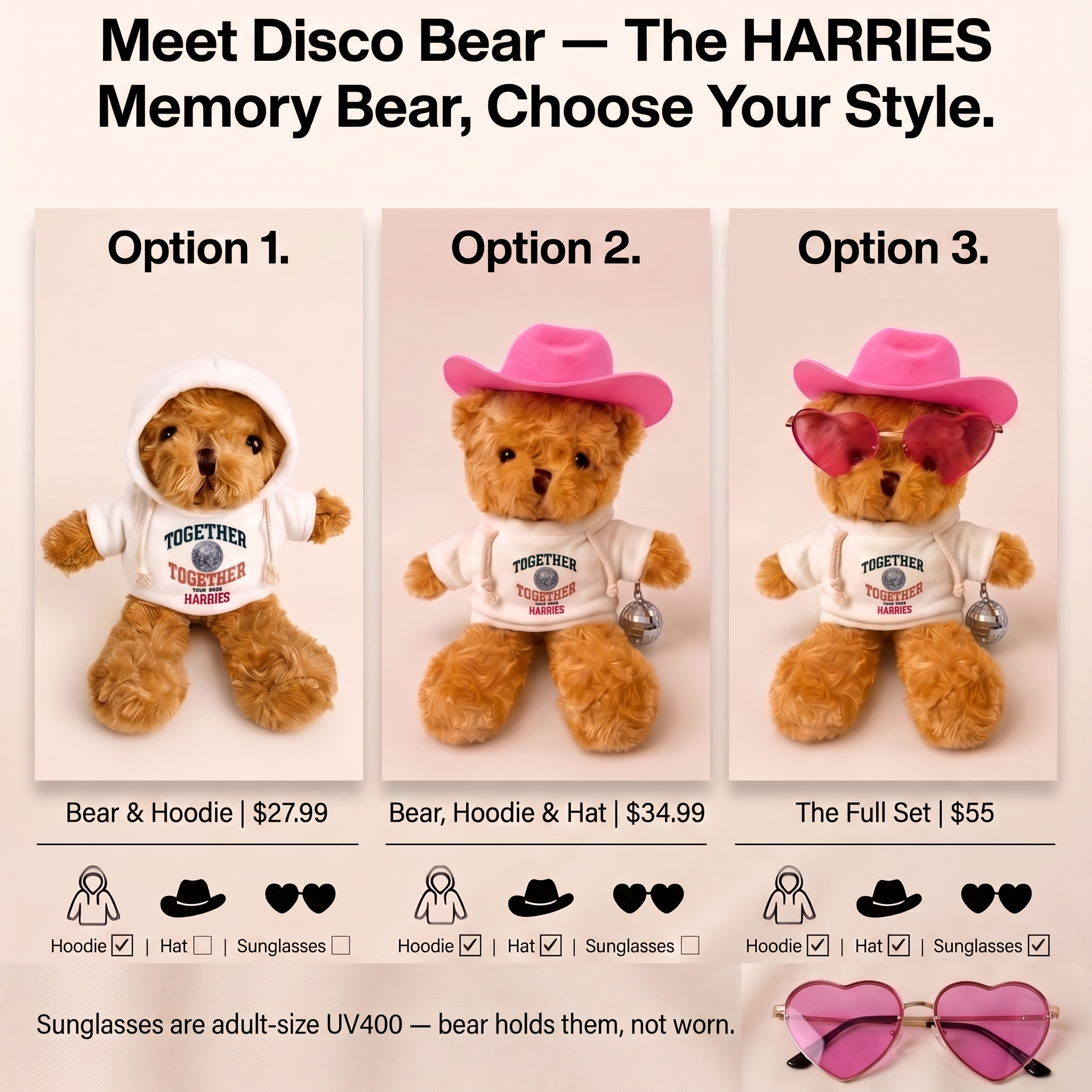 Image of Harry Disco Bear Together Tour purchase options: hoodie, hat, and full set