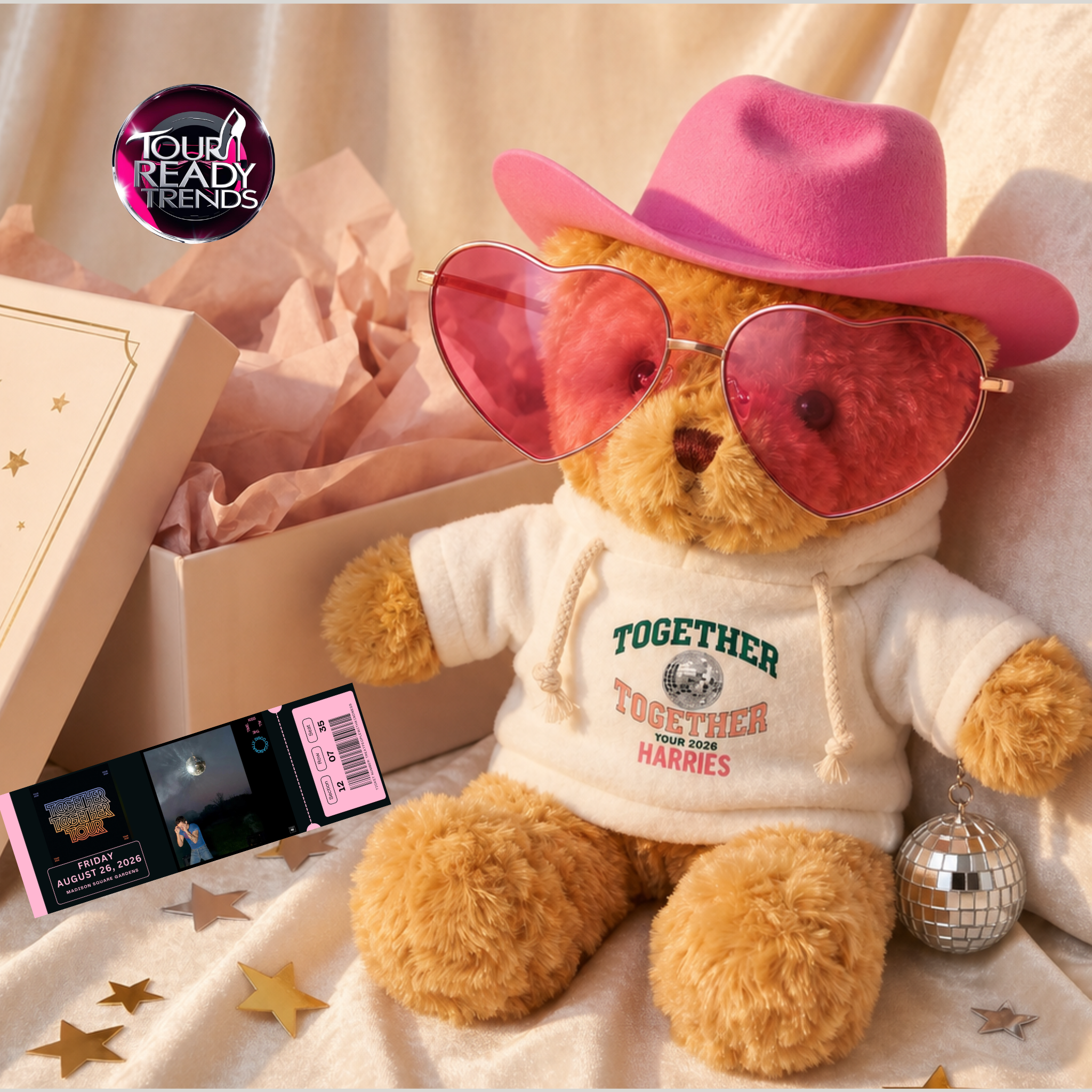 Image of Harry Styles Disco Bear concert memory gift with Together Tour ticket and disco ball