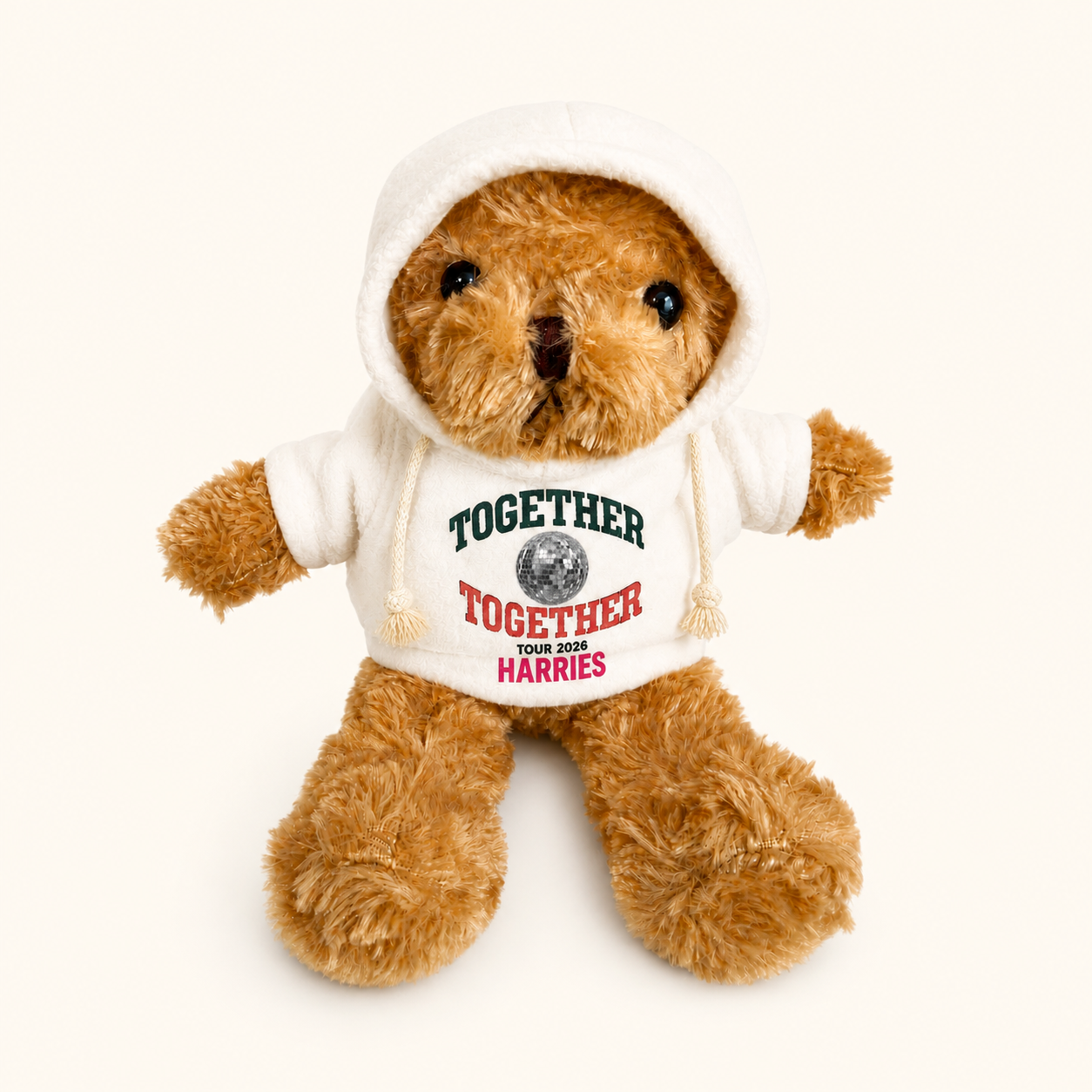 Image of Disco Bear wearing Together Together Tour hoodie, front view
