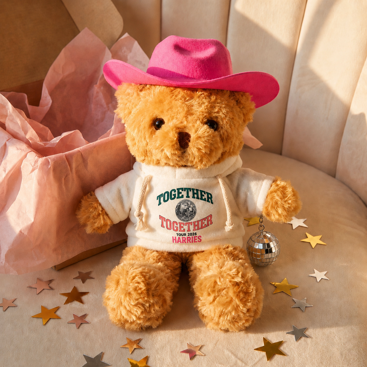 Image of Disco Bear with Pink Cowboy hat and disco ball and star confetti