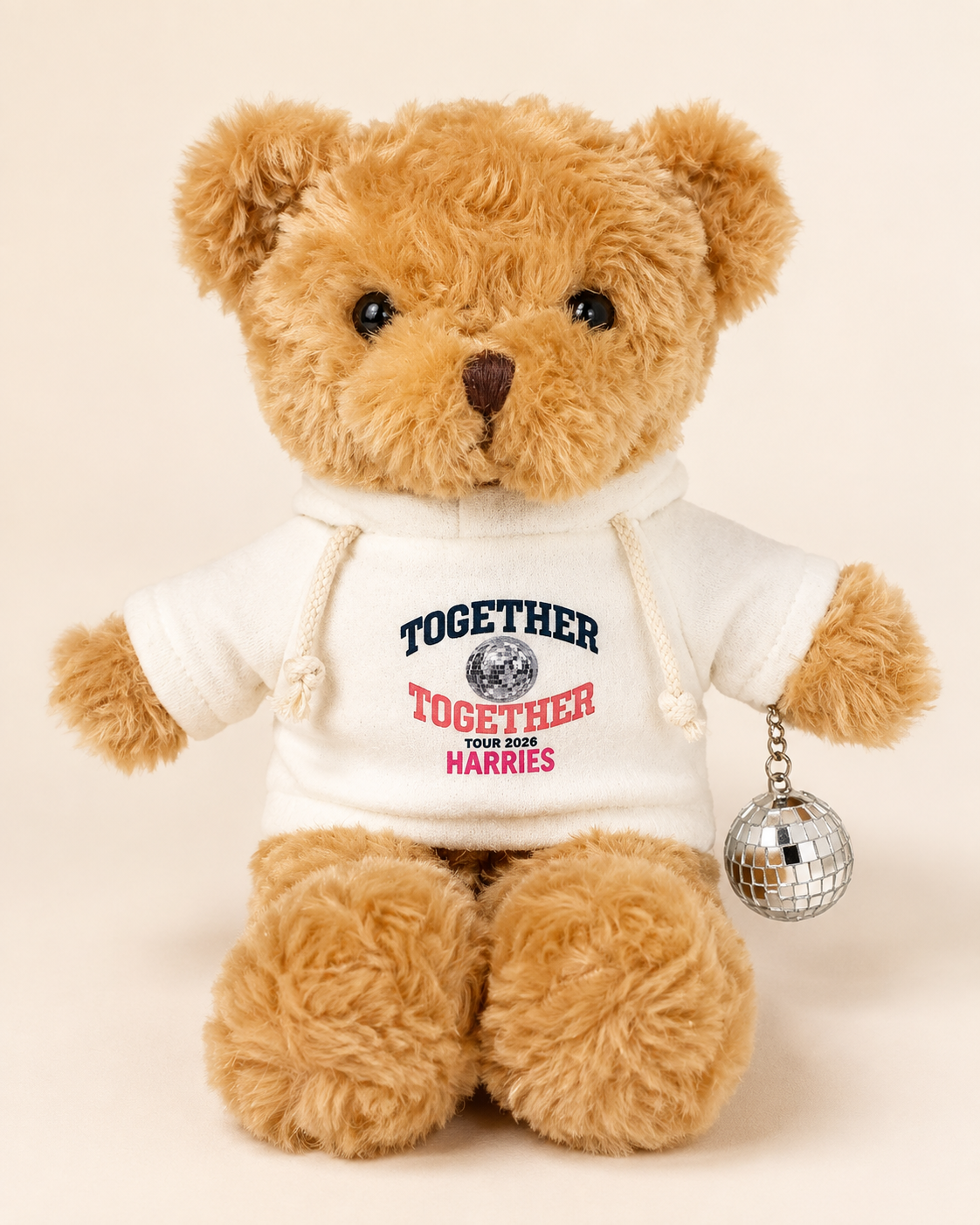 Image of Harries Disco Bear with Together Together Tour hoddie and disco ball, full front view