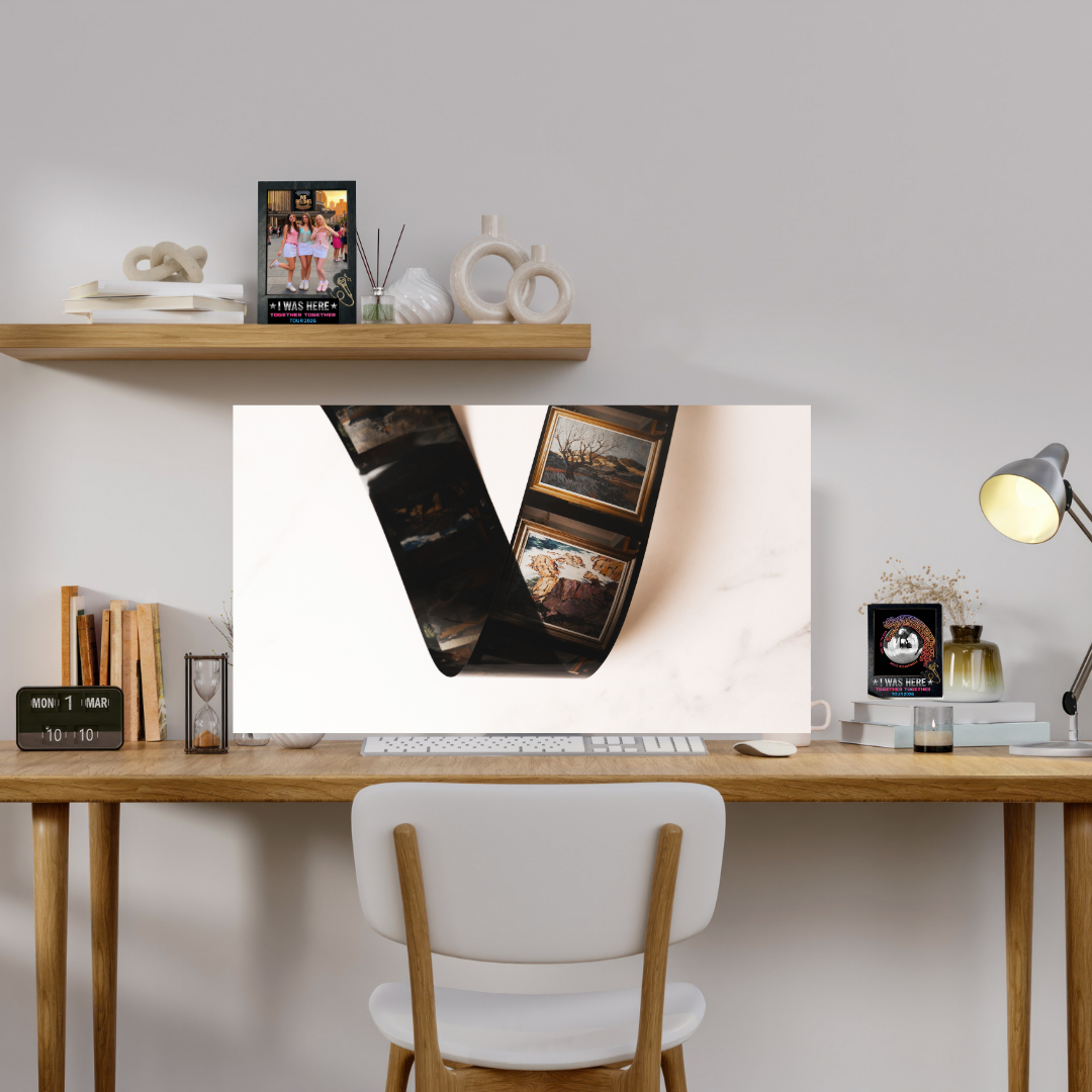 Image of A modern home office setup featuring a large wall decal or poster of a film strip on a white background, mounted above a wooden desk with a white chair. The room is styled with books, a lamp, and decorative items on floating wooden shelves against a light gray wall.