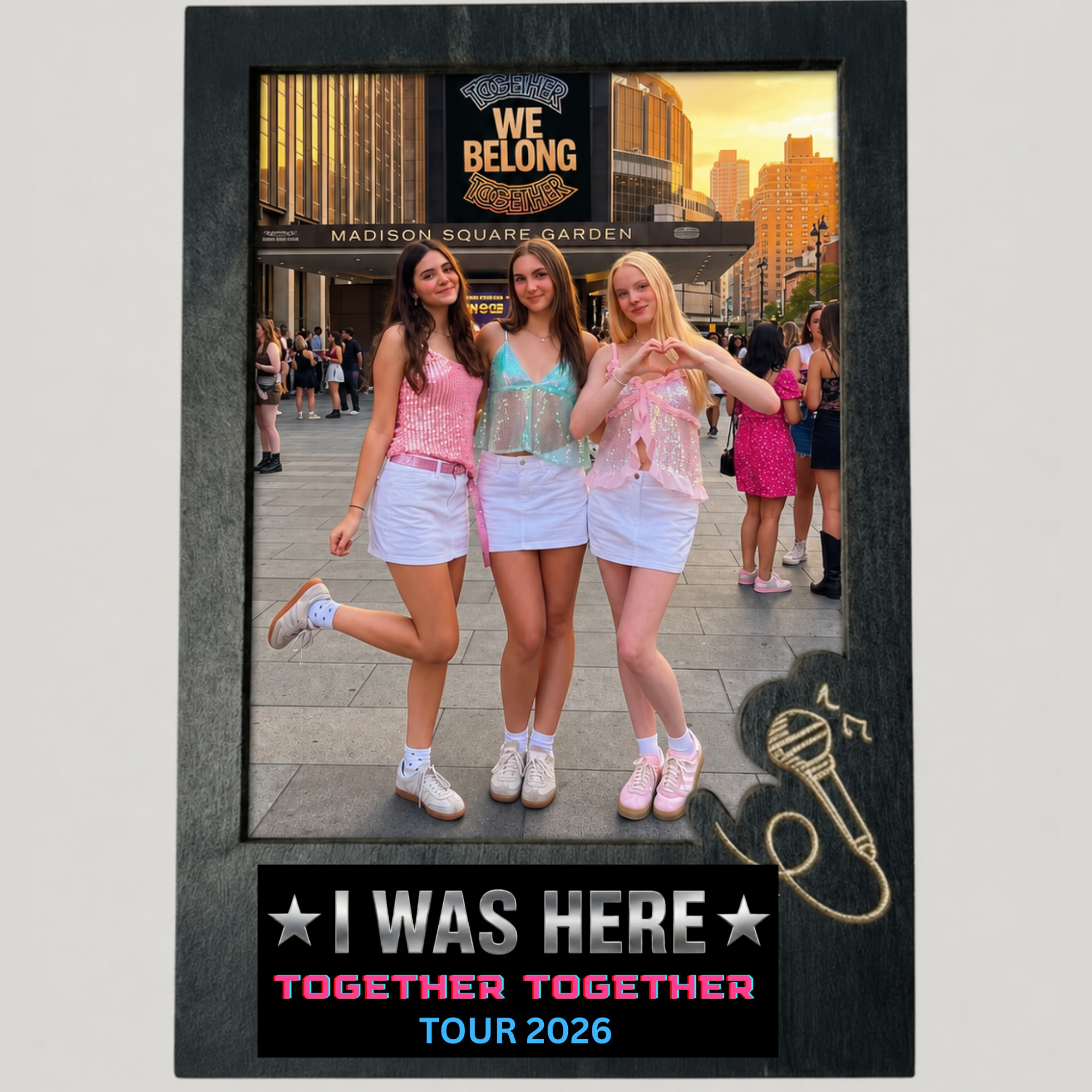 Image of A custom photo frame featuring a photograph of three young women posing on a city street with a 'We Belong Together Tour 2026' theme. The frame includes a black wood-grain border, a 'We Belong Together' logo at the top, and a black bottom section with the text 'I WAS HERE TOGETHER TOGETHER TOUR 2026' alongside a gold microphone sketch.