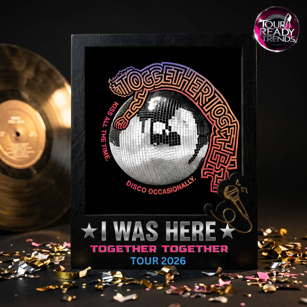 Image of A black rectangular commemorative plaque or poster for the band Together Togethers 2026 Tour, featuring a pixelated disco ball graphic and gold foil accents, styled on a dark surface with gold records and confetti.