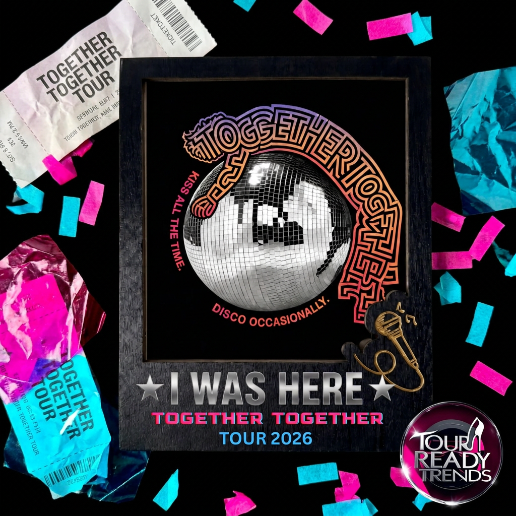 Image of A framed black-and-white disco ball graphic with the text 'TOGETHER TOGETHER KISS ALL THE TIME DISCO OCCASIONALLY' and 'I WAS HERE TOGETHER TOGETHER TOUR 2026,' surrounded by colorful confetti and tour tickets on a black background. Harry Styles Gift